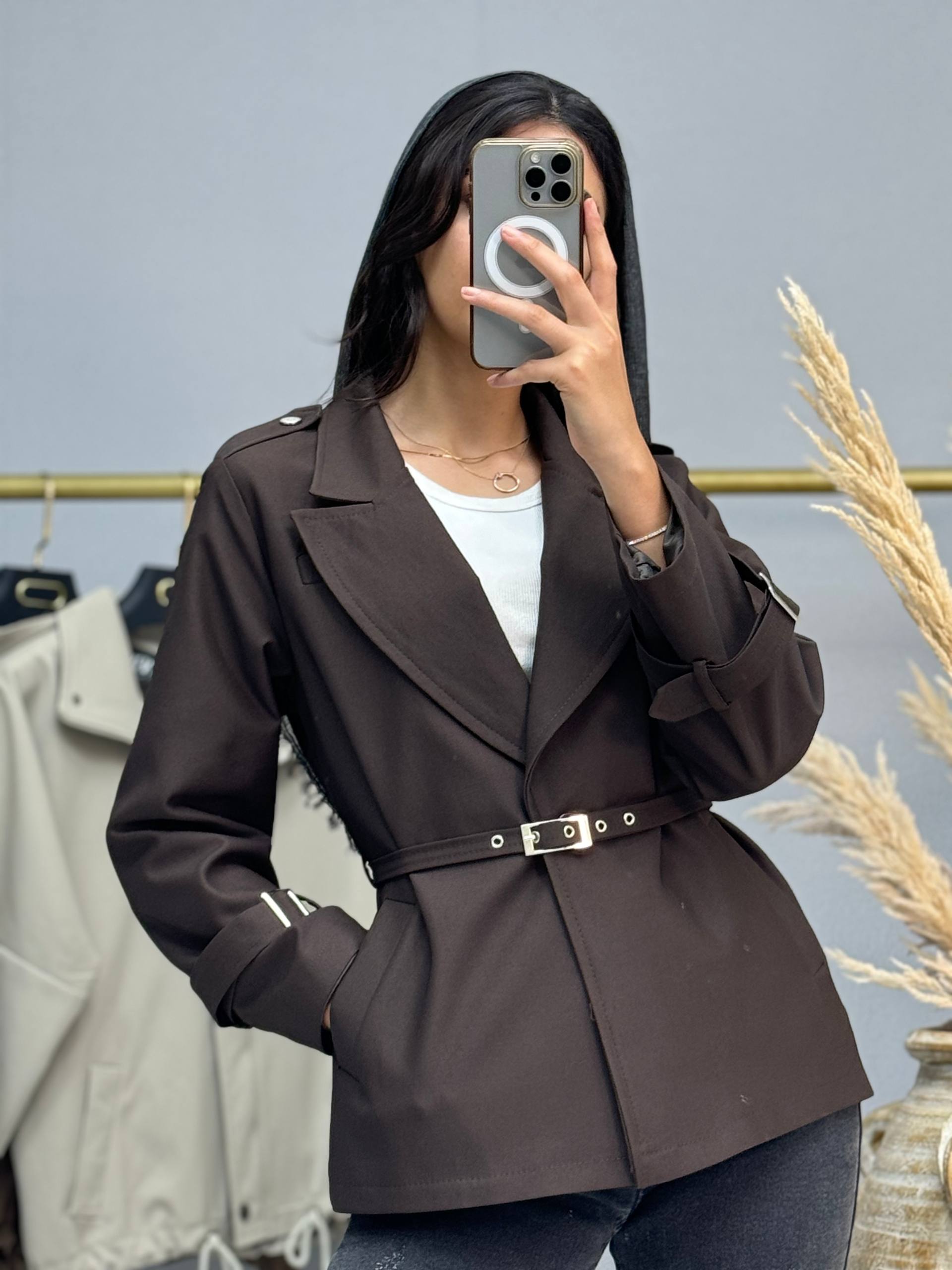 کت زنانه تک دکمه کتان جودون پاییزه_ کمربند سگک