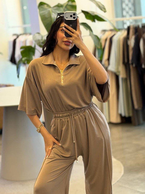 ست نیم زیپ اویشو تابستانه رنگ نسکافه ای