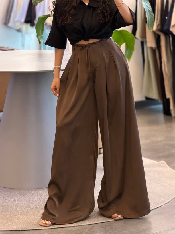 شلوار لطیف و ریزشی ساتن زارا رنگ قهوه ای