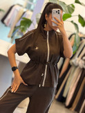 ست وست و شلوار سیلک تابستانه مغزی دوزی رنگ قهوه ای
